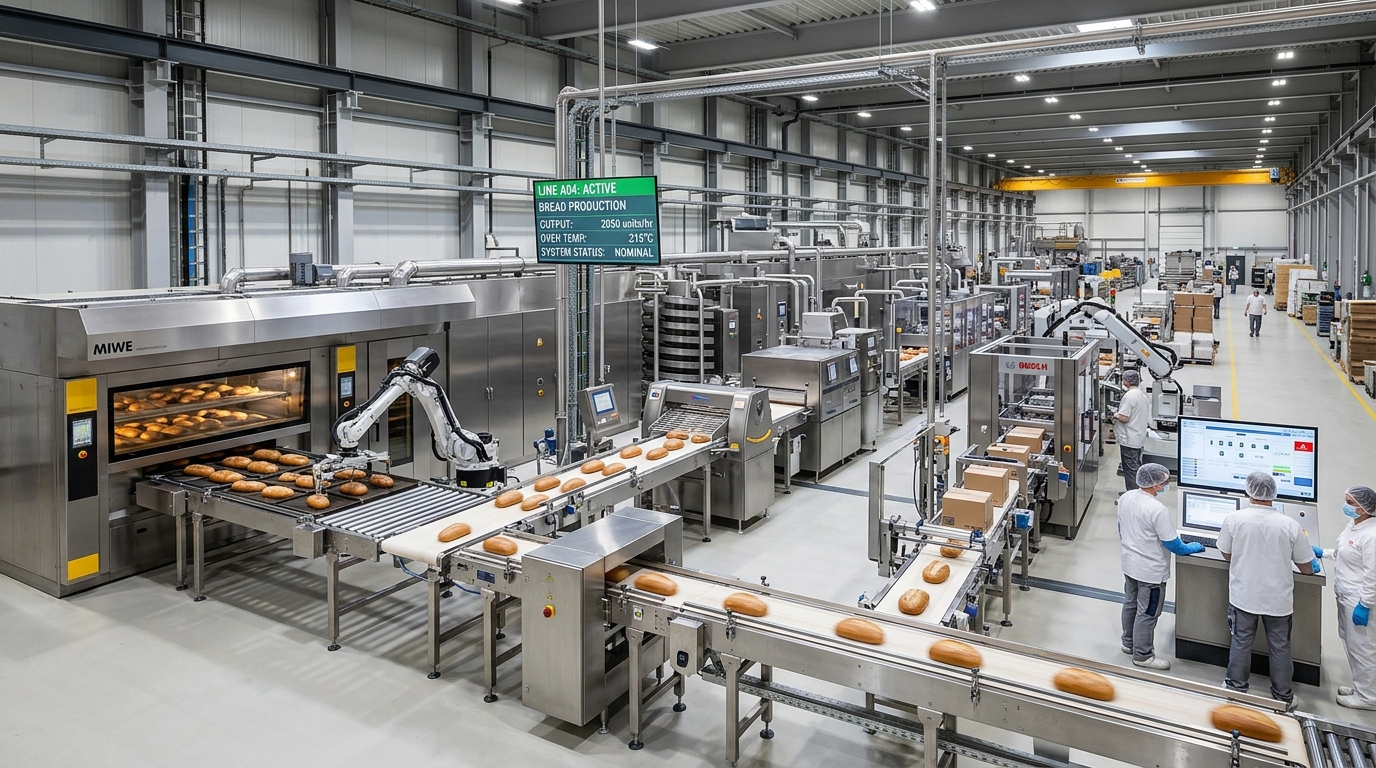 Impianto alimentare automatizzato con linee di produzione e forni industriali