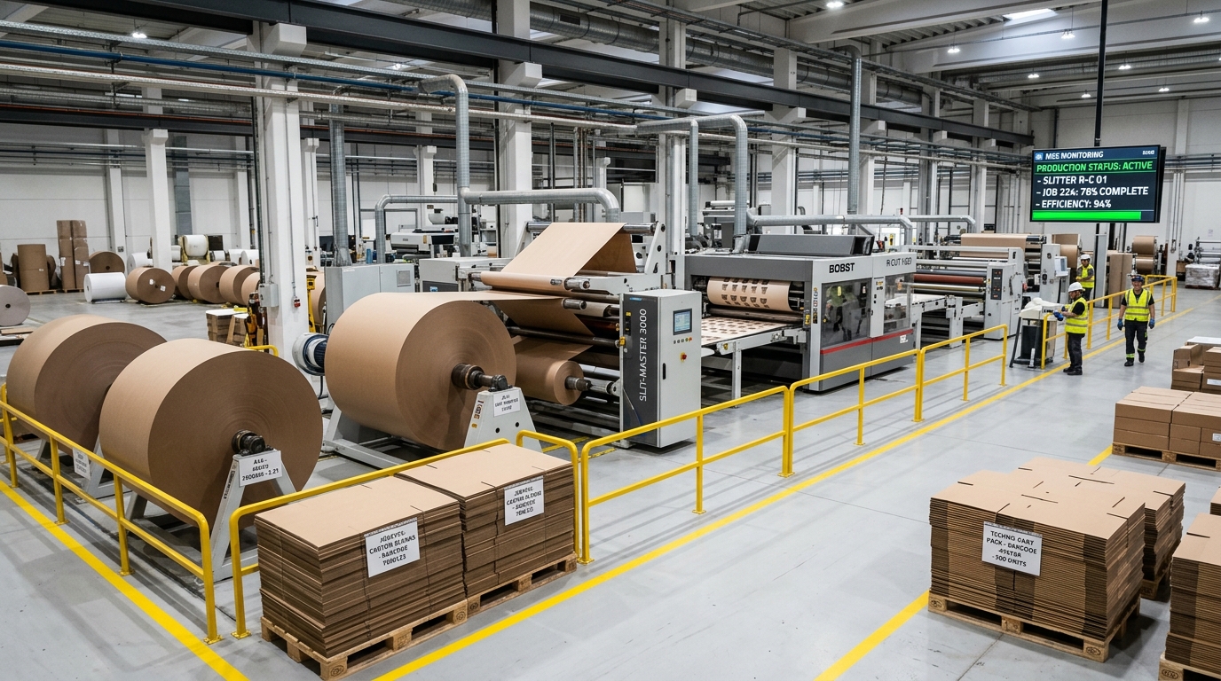 Impianto di cartotecnica e converting con macchine per la trasformazione bobine, fustellatrici e gestione pallet