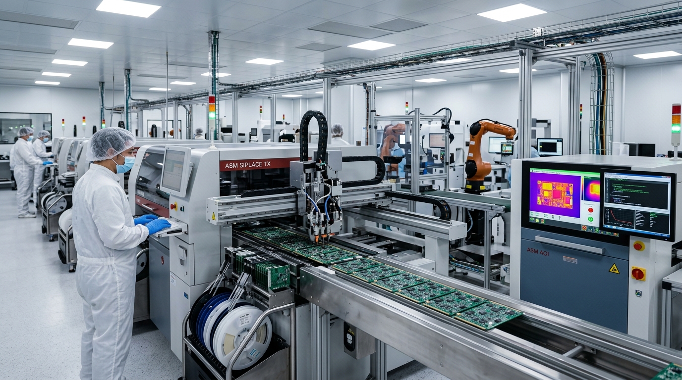 Linea di montaggio schede elettroniche SMT con macchine pick and place e controllo ottico AOI