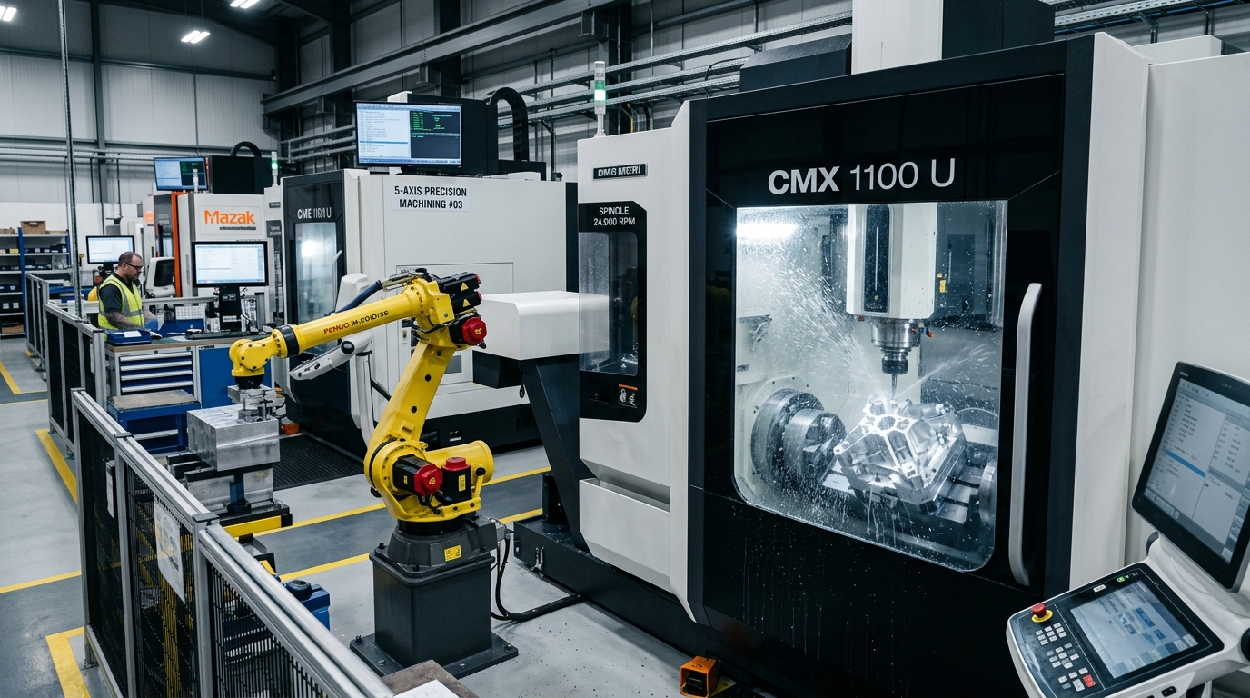 Centro di lavoro CNC a 5 assi con braccio robotico e monitor di controllo produzione